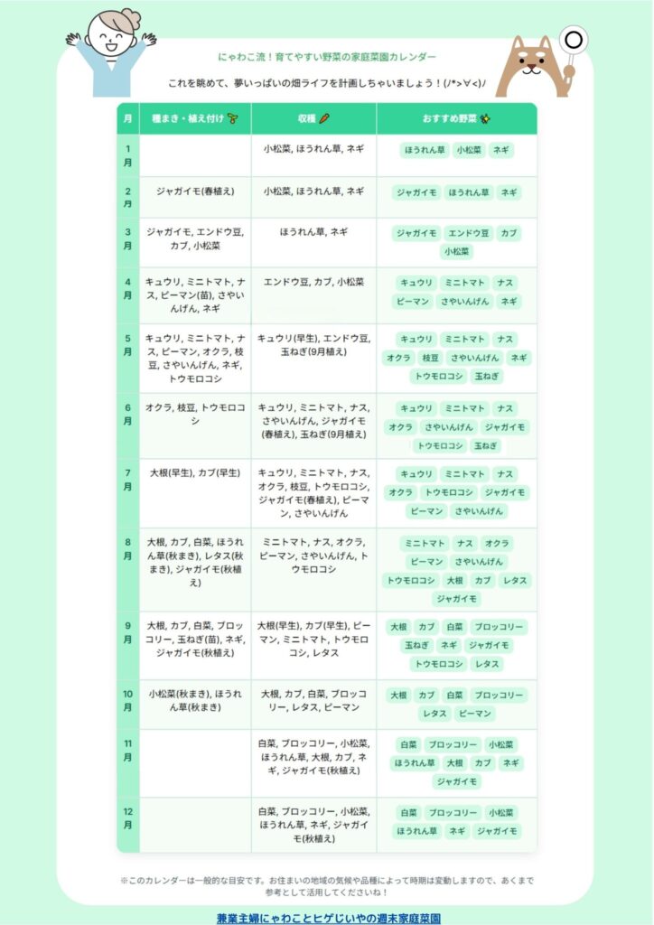 育てやすい野菜の家庭菜園カレンダー、初心者向け家庭菜園、畑のスケジュール、家庭菜園カレンダー